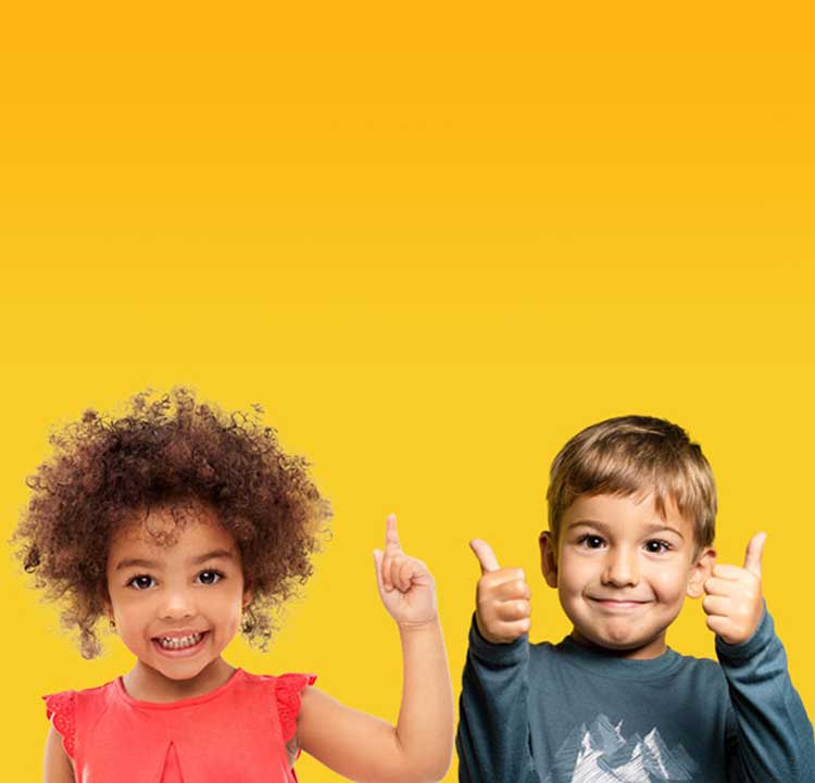 Two children giving thumbs up against a yellow background