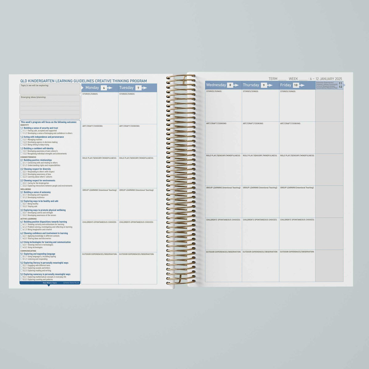 2025 QLD Kindy Weekly Programming & Reflection Diary - Hard Cover Spiral Bound