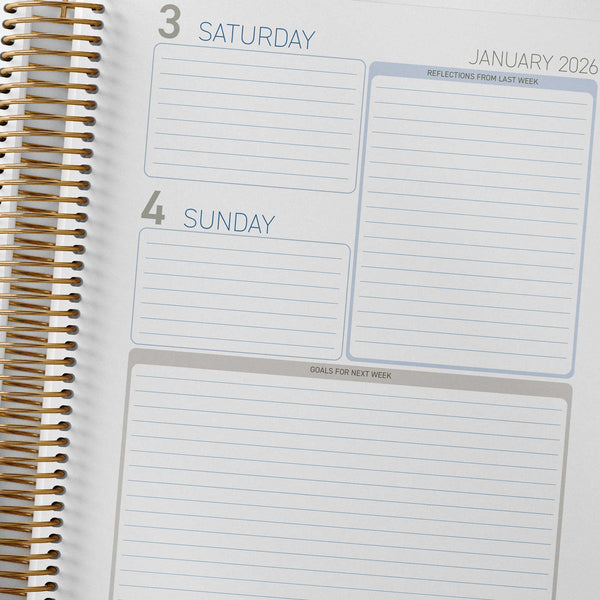 Weekend pages inside the Children's Centre Diary include reflections and goals