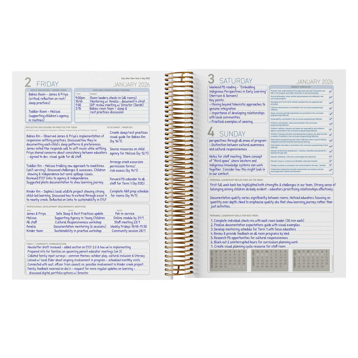A completed example of the inside of the Educational Leader Diary