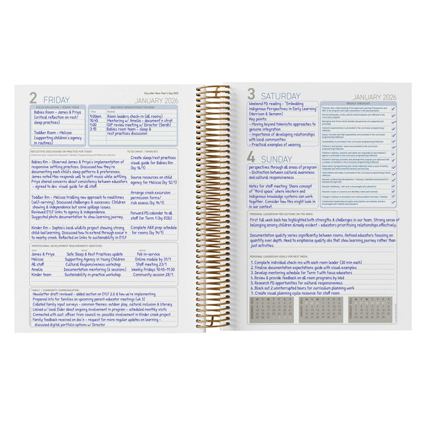 A completed example of the inside of the Educational Leader Diary
