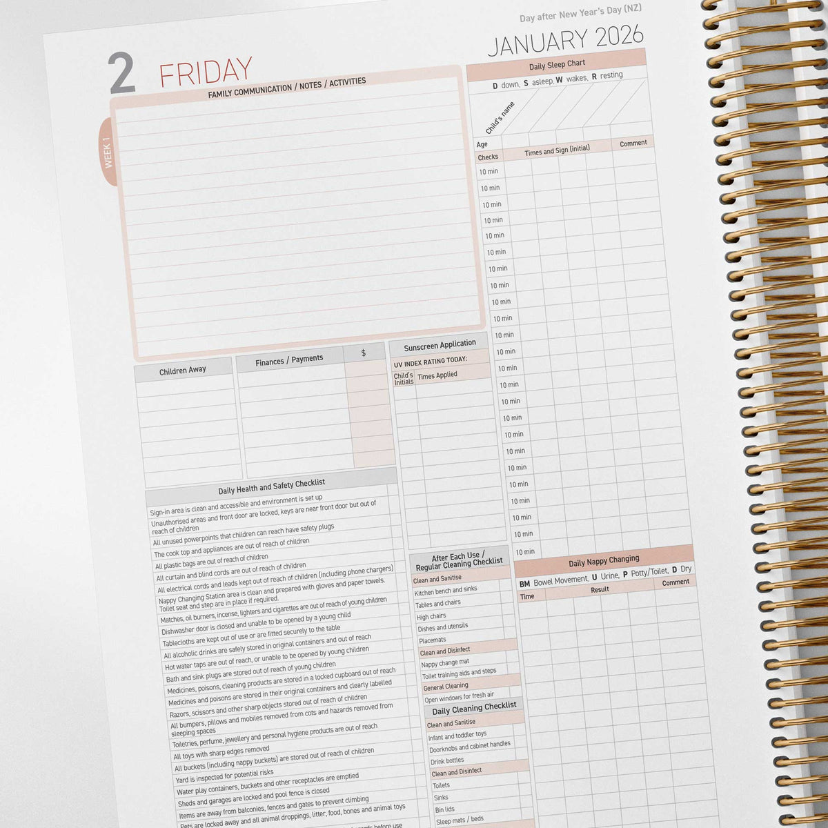 Daily compliance checklist pages inside the Family Day Care Combined Compliance Checklist and Programming Diary