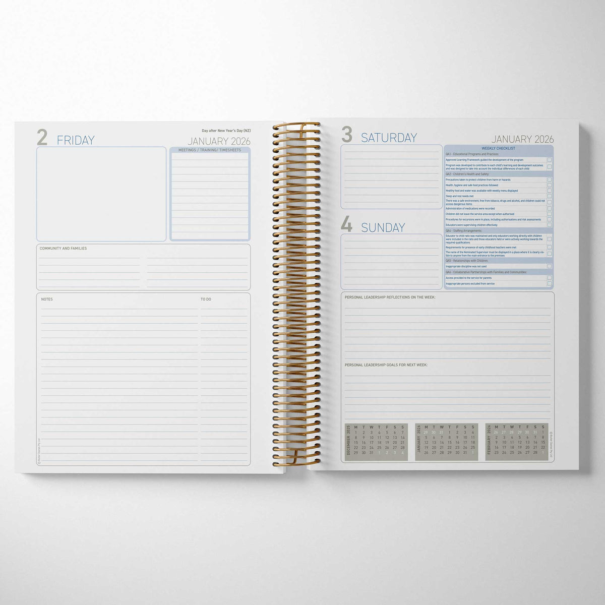 A look inside the Nominated Supervisor Diary with day pages and weekend checklists