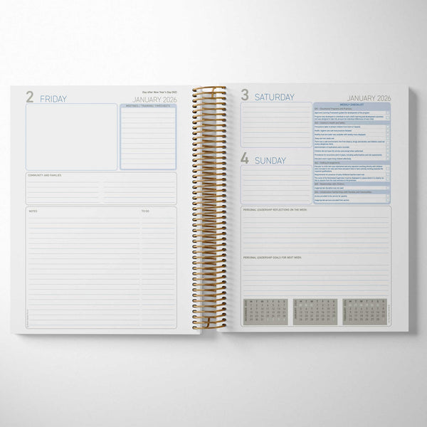 A look inside the Nominated Supervisor Diary with day pages and weekend checklists
