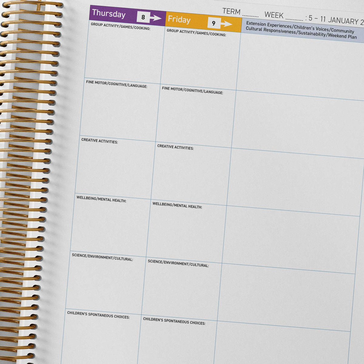Extension and special interest column included in the programming spread of the OSHC Weekly Programming and Reflection Diary