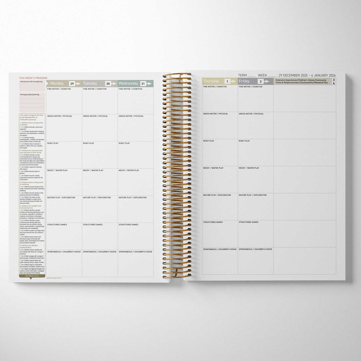 Inside the Central Outdoor Weekly Programming and Reflection Diary the EYLF Programming Spread