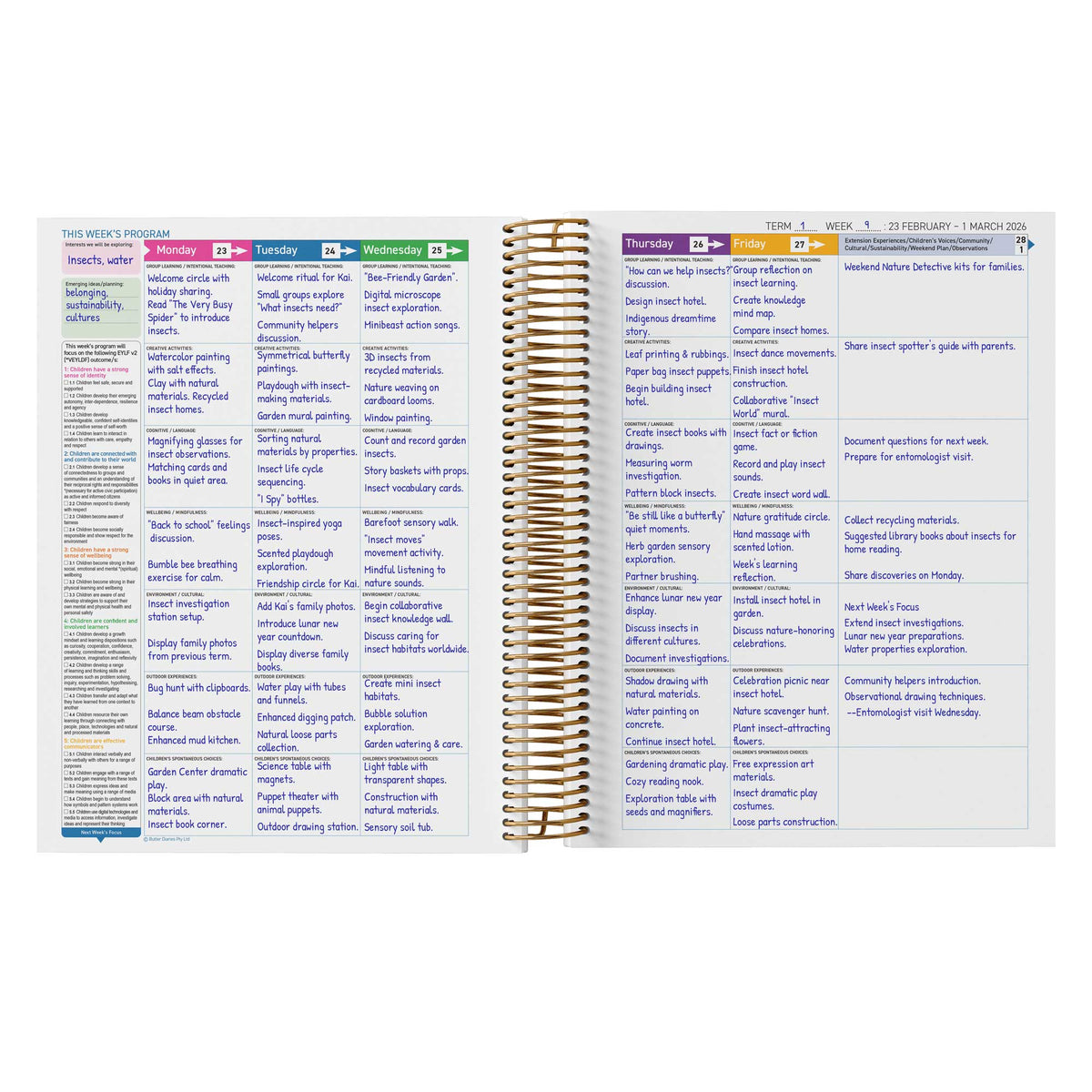 A completed example of the inside of the EYLF Weekly Programming and Reflection Child Educator Diary - EYLF Programming Spread