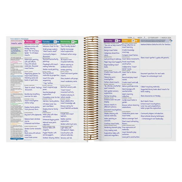 A completed example of the inside of the EYLF Weekly Programming and Reflection Child Educator Diary - EYLF Programming Spread