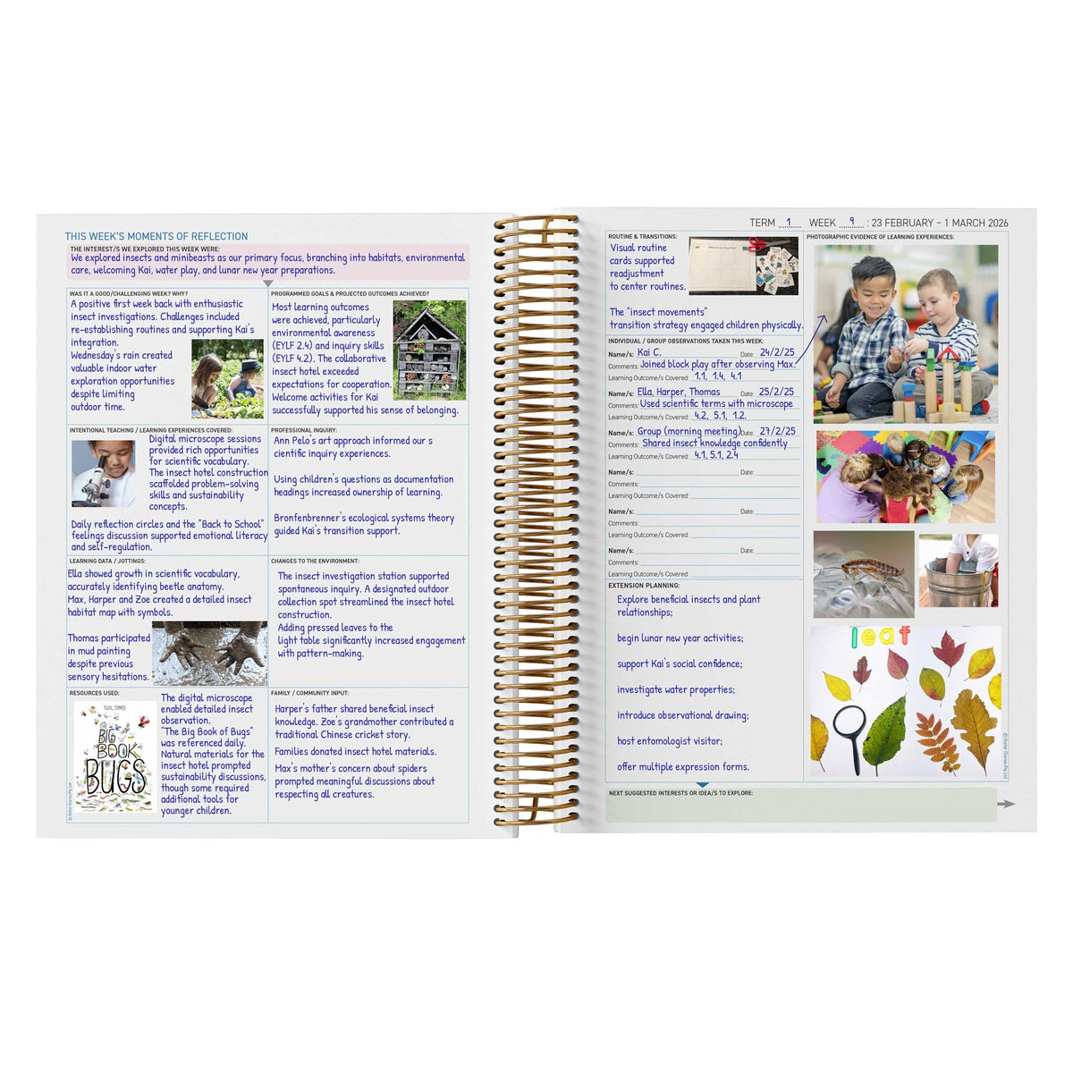 A completed example of the inside of the EYLF Weekly Programming and Reflection Child Educator Diary - EYLF Reflection Spread