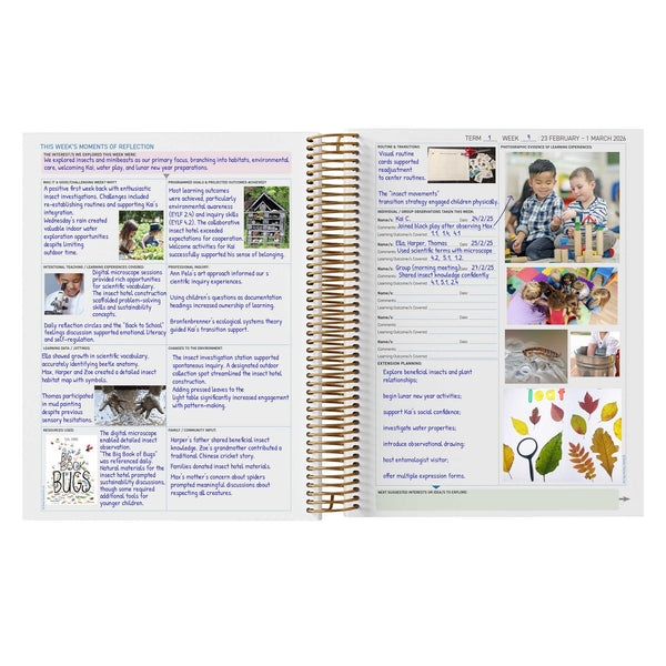 A completed example of the inside of the EYLF Weekly Programming and Reflection Child Educator Diary - EYLF Reflection Spread