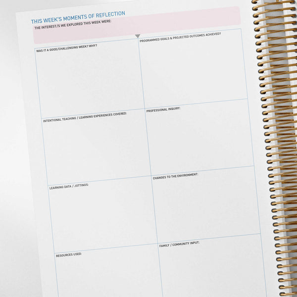 Critical reflection prompts inside the Weekly Programming and Reflection Child Educator Diary - EYLF Reflection Spread