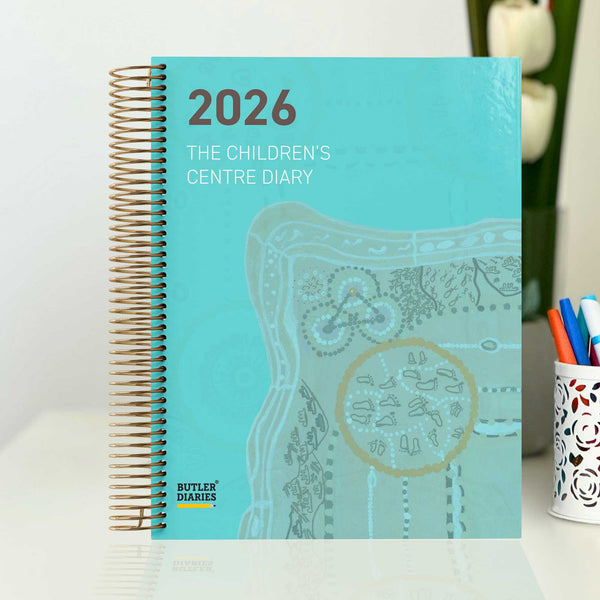 Children's Centre Diary with Journey by Learning First Nations Artwork Cover sitting on an ECEC staff room desk