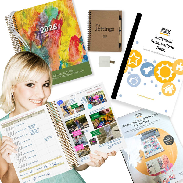 Critical Reflection Bundle for Outdoor EYLF Programming with the Central Outdoor Weekly Programming and Reflection Diary, Individual Observation Book, Jottings Pad, Pen Holder and Printer Pack