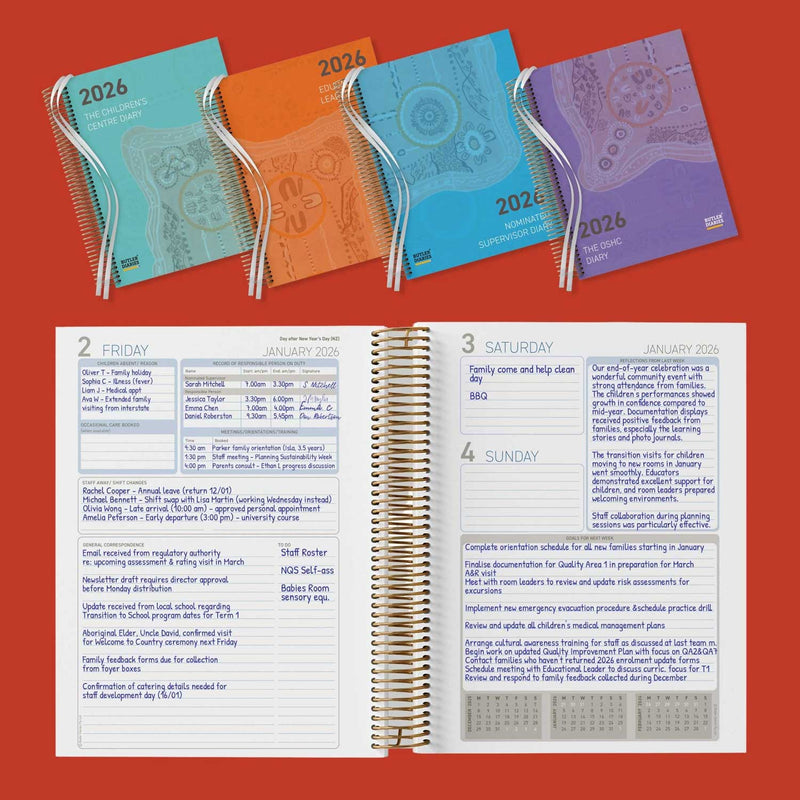 Four spiral-bound planners in different colors with an open planner showing a weekly layout on a red background.