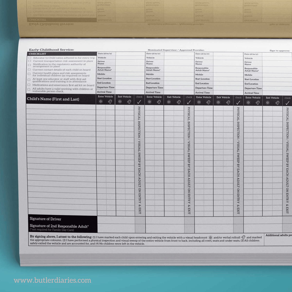 Childcare Transportation Log for New Regs Butler Diaries