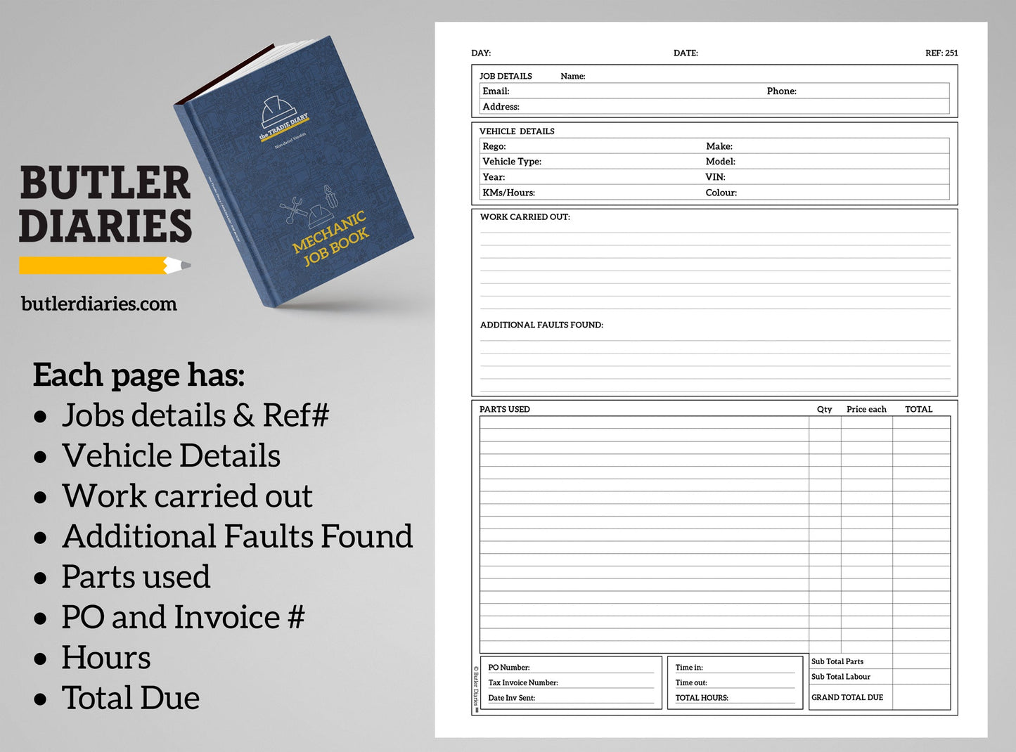 The Tradie Diary: MECHANIC JOB BOOK - Non Dated - Butler Diaries