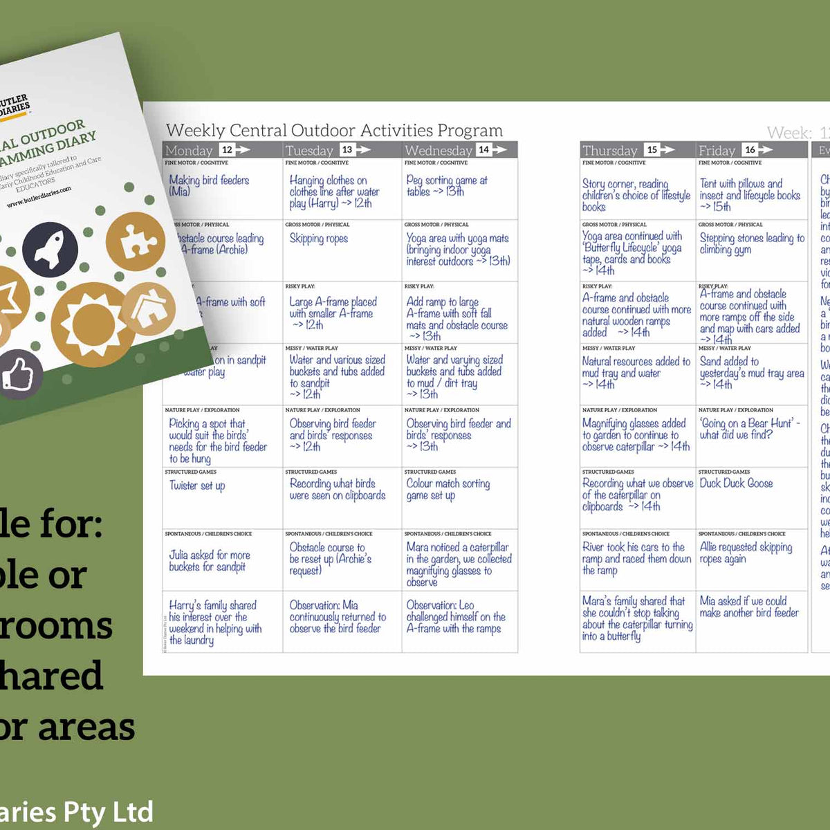 Central Outdoor Weekly Programming diary with suitable for multiple rooms with shared outdoor areas