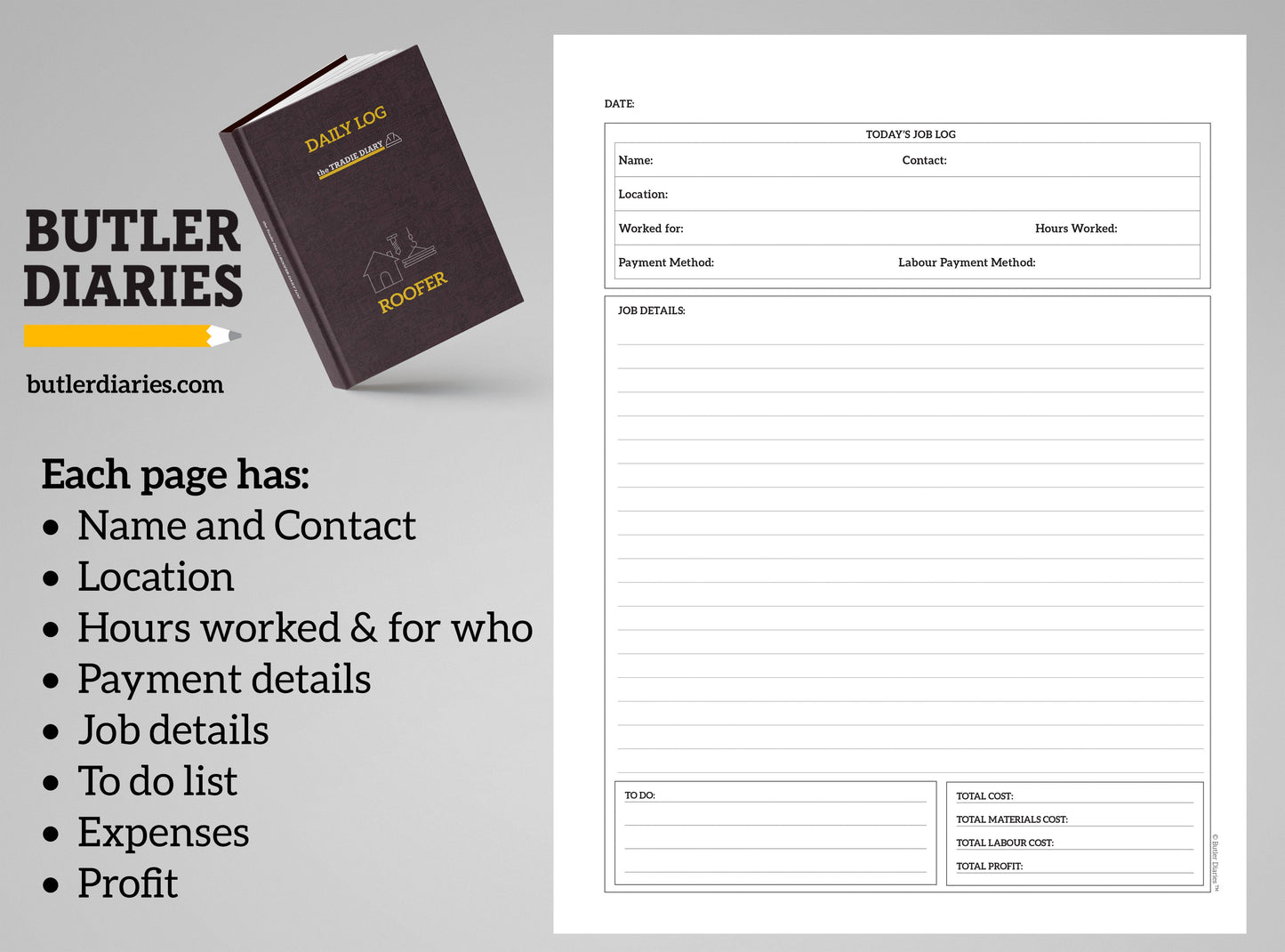 The Tradie Diary: ROOFER DAILY LOG - NON DATED - Butler Diaries
