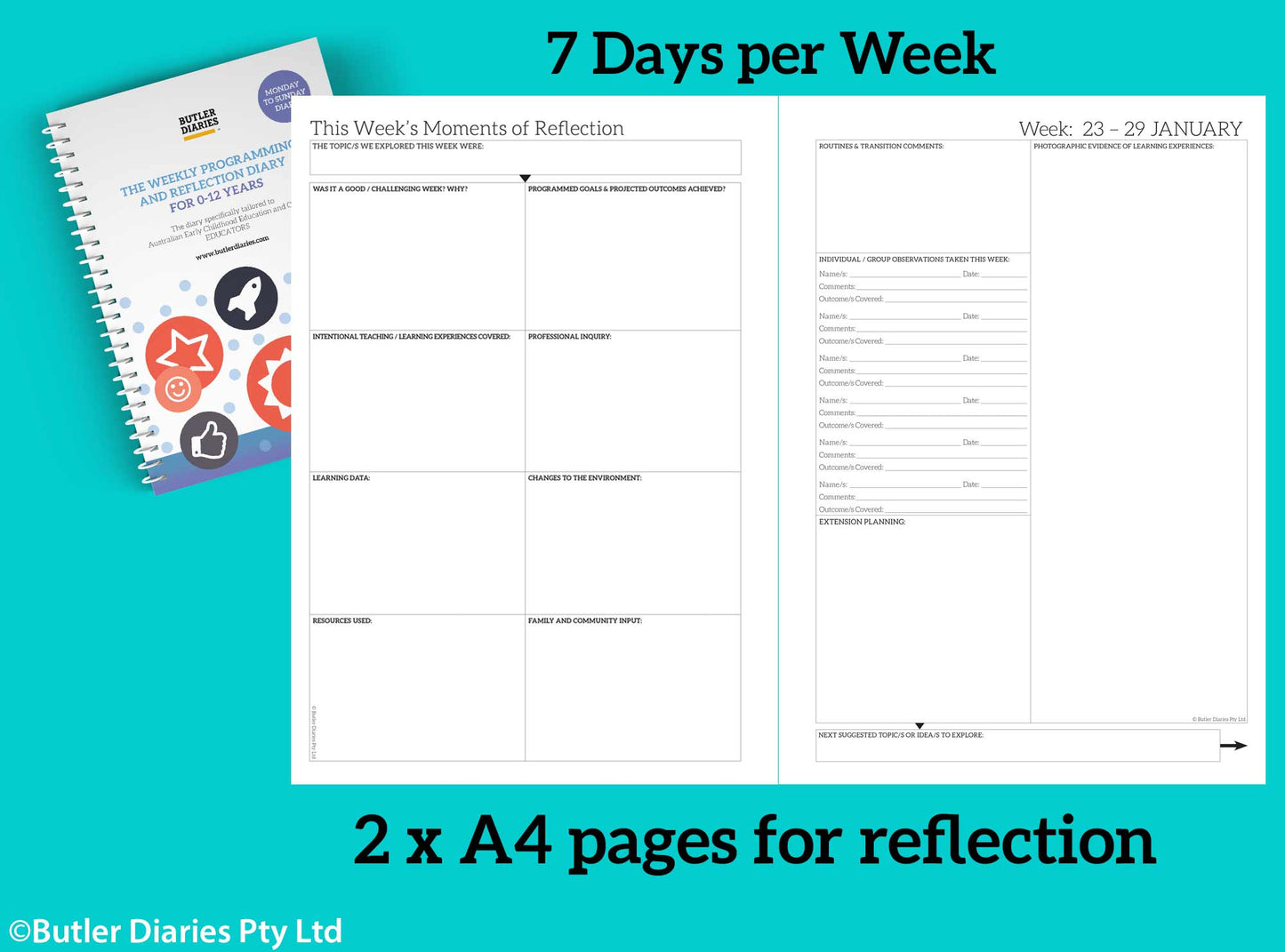 2023 Weekly Programming and Reflection Diary (7 Day) EYLF & MTOP - Butler Diaries