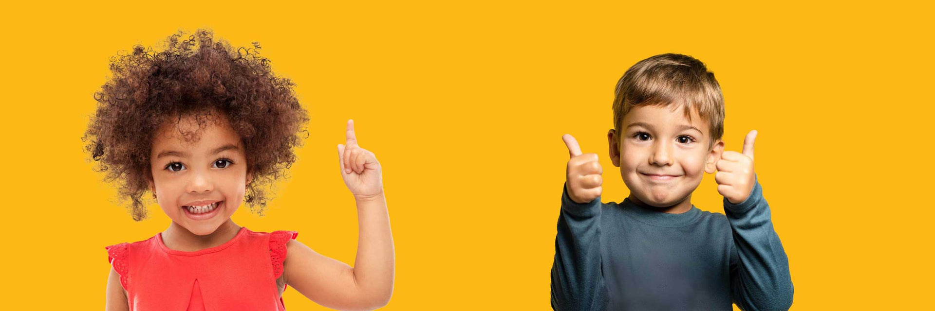  Two children, a girl and a boy, giving thumbs up against a yellow background
