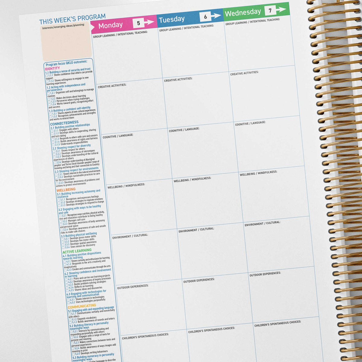 Updated QKLG learning outcomes in the Programming Spread of the QLD Kindy Weekly Programming and Reflection Diary