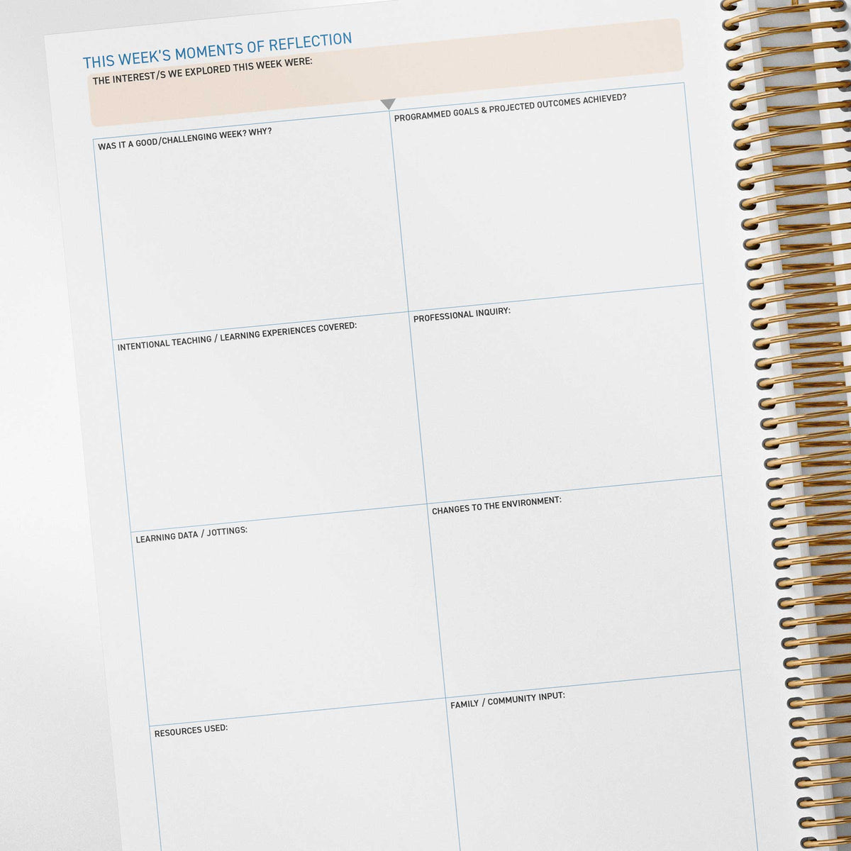 Critical reflection prompts in the Reflection Spread of the QLD Kindy Weekly Programming and Reflection Diary