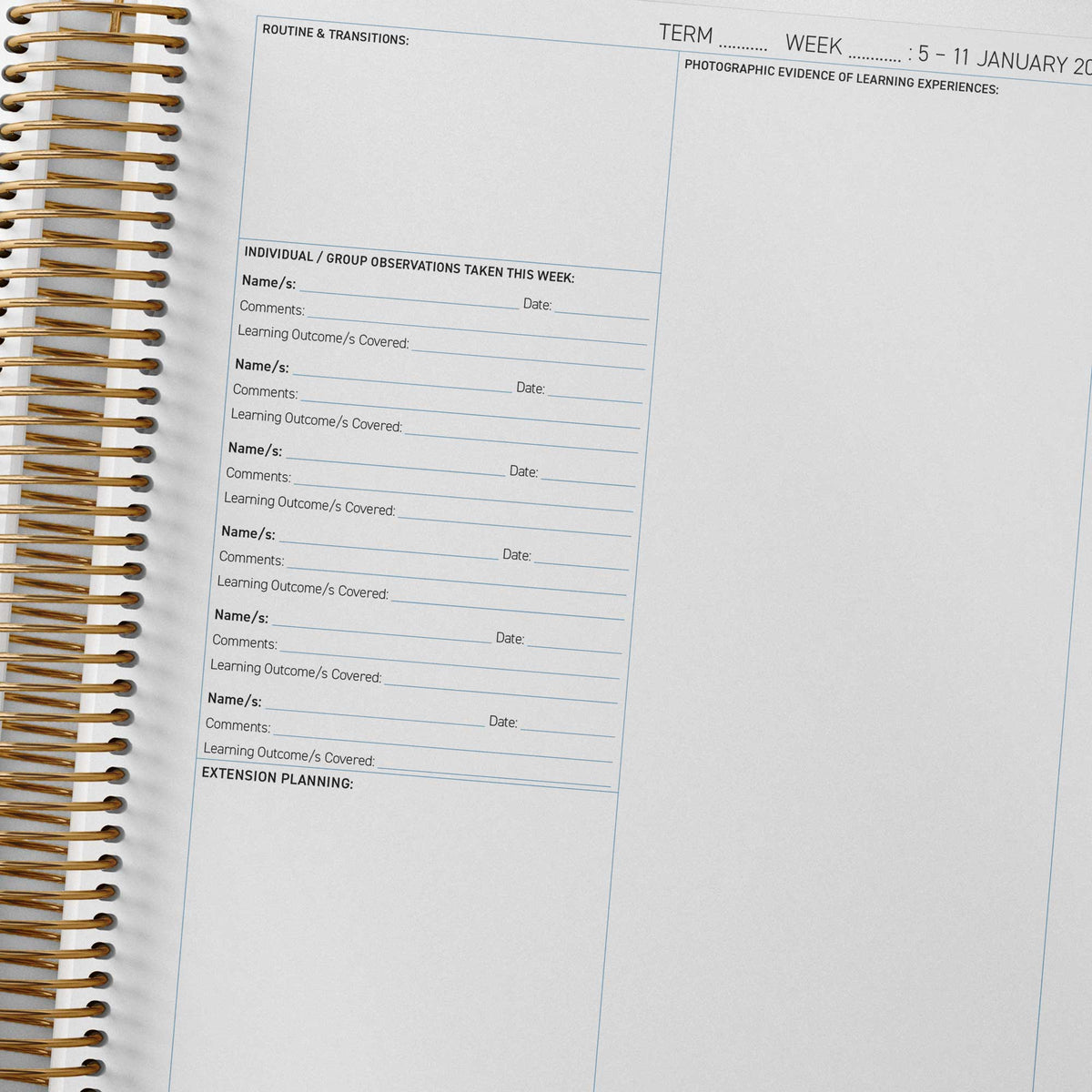 Observation tracking and photographic evidence in the Reflection Spread of the QLD Kindy Weekly Programming and Reflection Diary