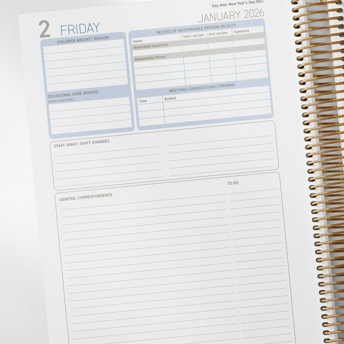 Day pages inside the Children's Centre Diary include responsible persons, meetings, children attendance notes, shift changes, and general correspondence and to do lists