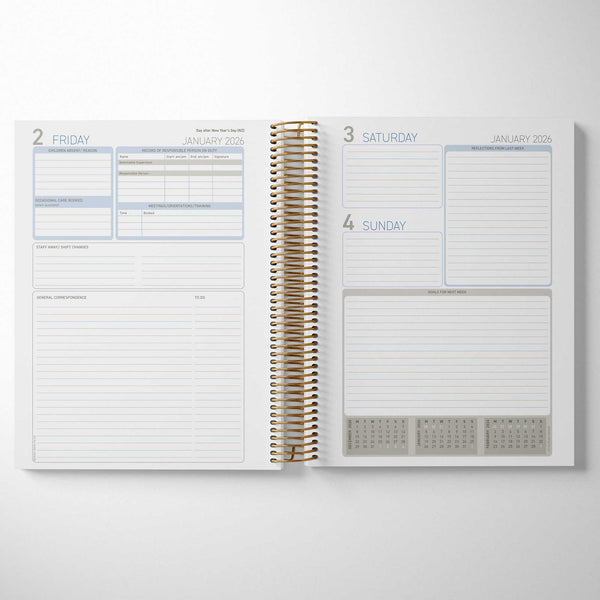 Inside the Children's Centre Diary includes daily compliance pages and weekend pages