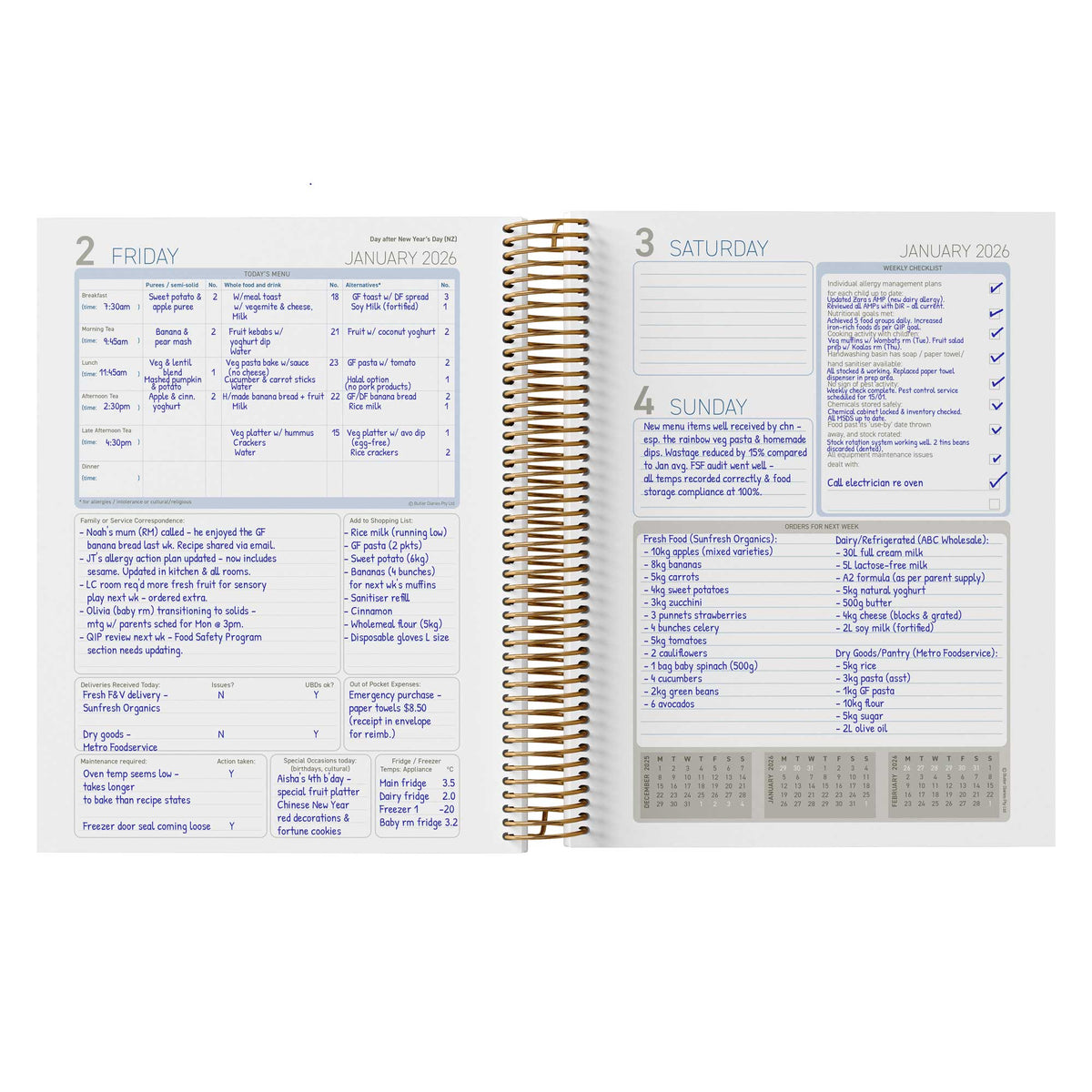 A completed example of the Early Childhood Cook's Diary in use