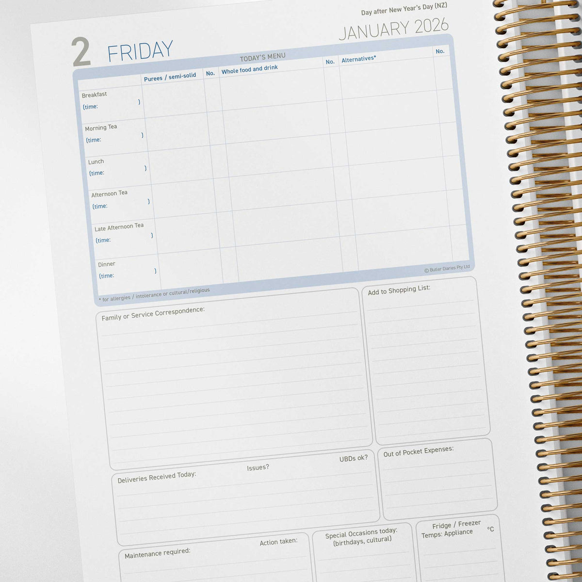 Daily menu, correspondence records, shopping list, delivery management, special occasions, and fridge/freezer temperatures in the Early Childhood Cook's Diary
