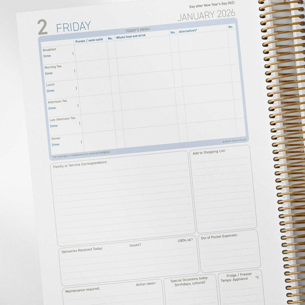 Daily menu, correspondence records, shopping list, delivery management, special occasions, and fridge/freezer temperatures in the Early Childhood Cook's Diary