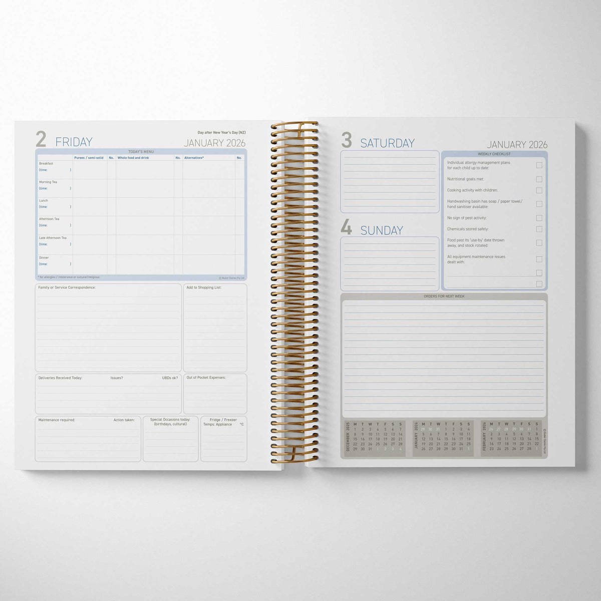 Inside the Early Childhood Cook's Diary includes menu, communication records, and delivery management