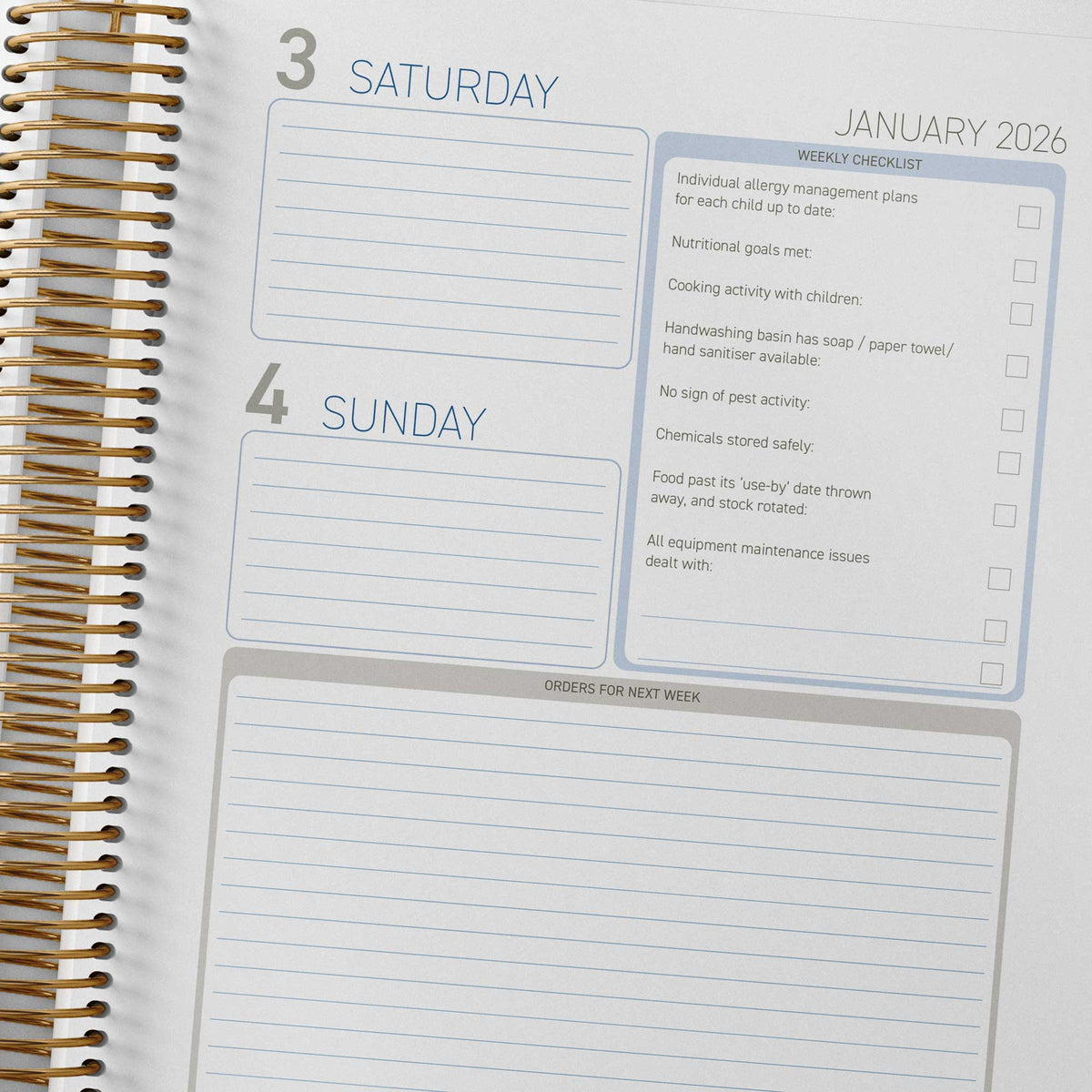 Weekly checklist and order notes in the Early Childhood Cook's Diary
