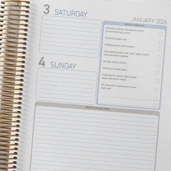 Weekly checklist and order notes in the Early Childhood Cook's Diary