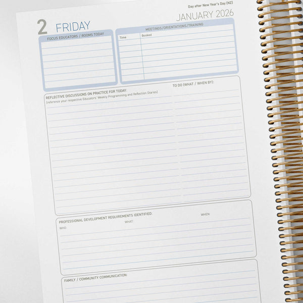 Day pages inside the Educational Leader Diary include focus educators, record of reflective discussions, to do, professional development planning, and communication records
