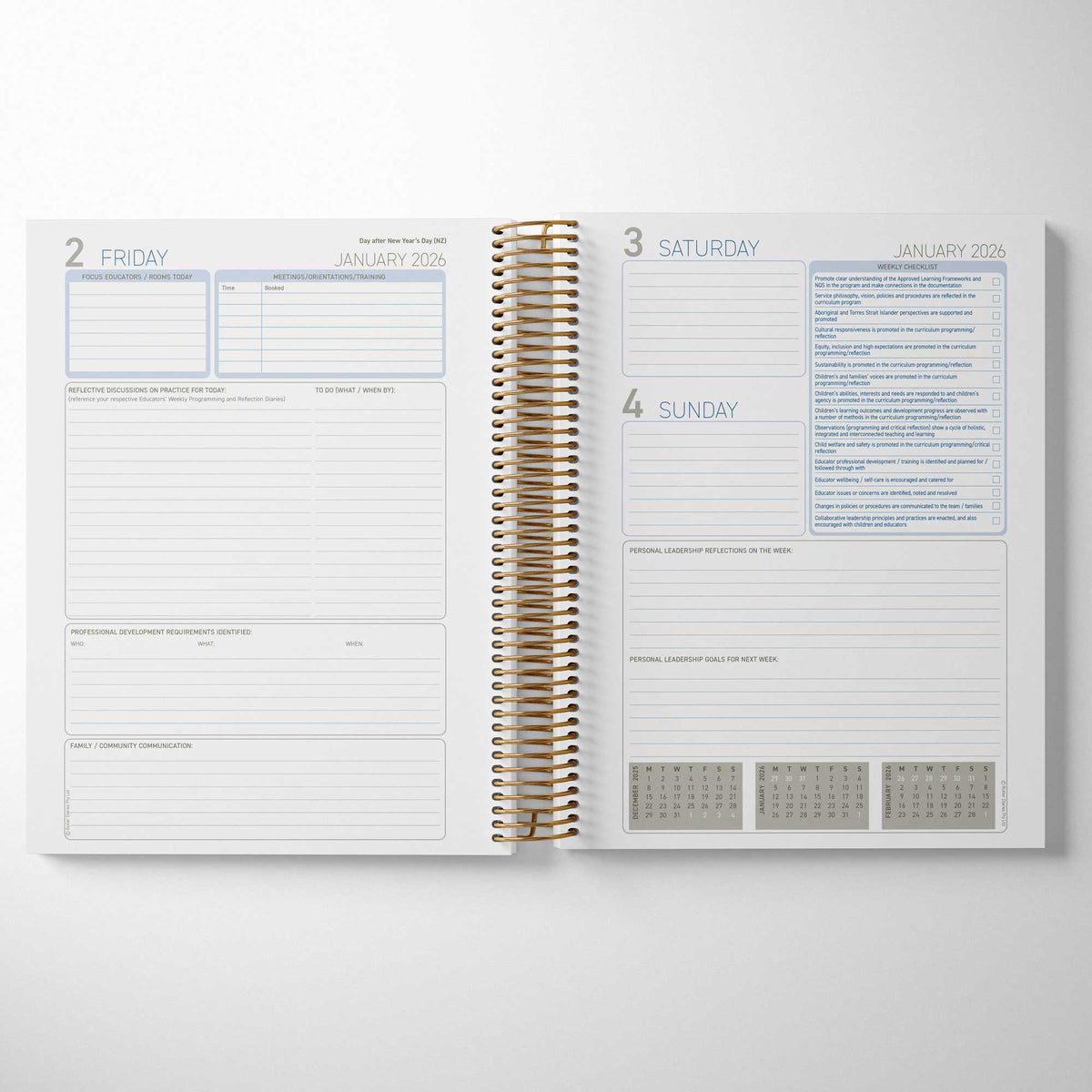 Inside the Educational Leader Diary day pages and weekend pages