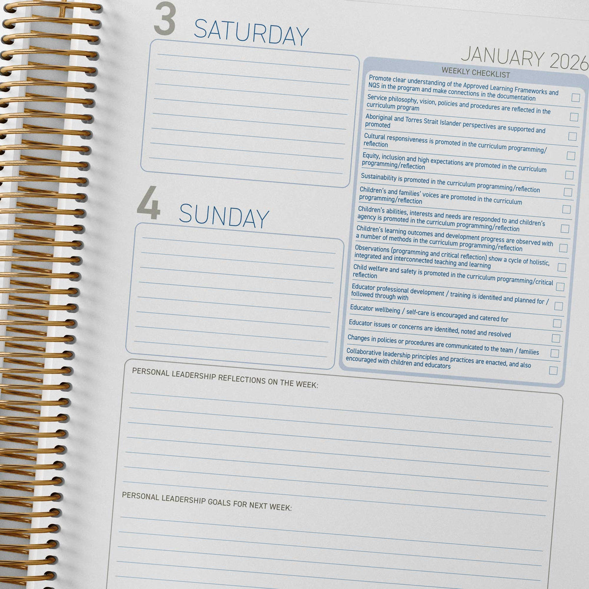 Weekend pages in the Educational Leader Diary include a weekly checklist and personal reflections and goals
