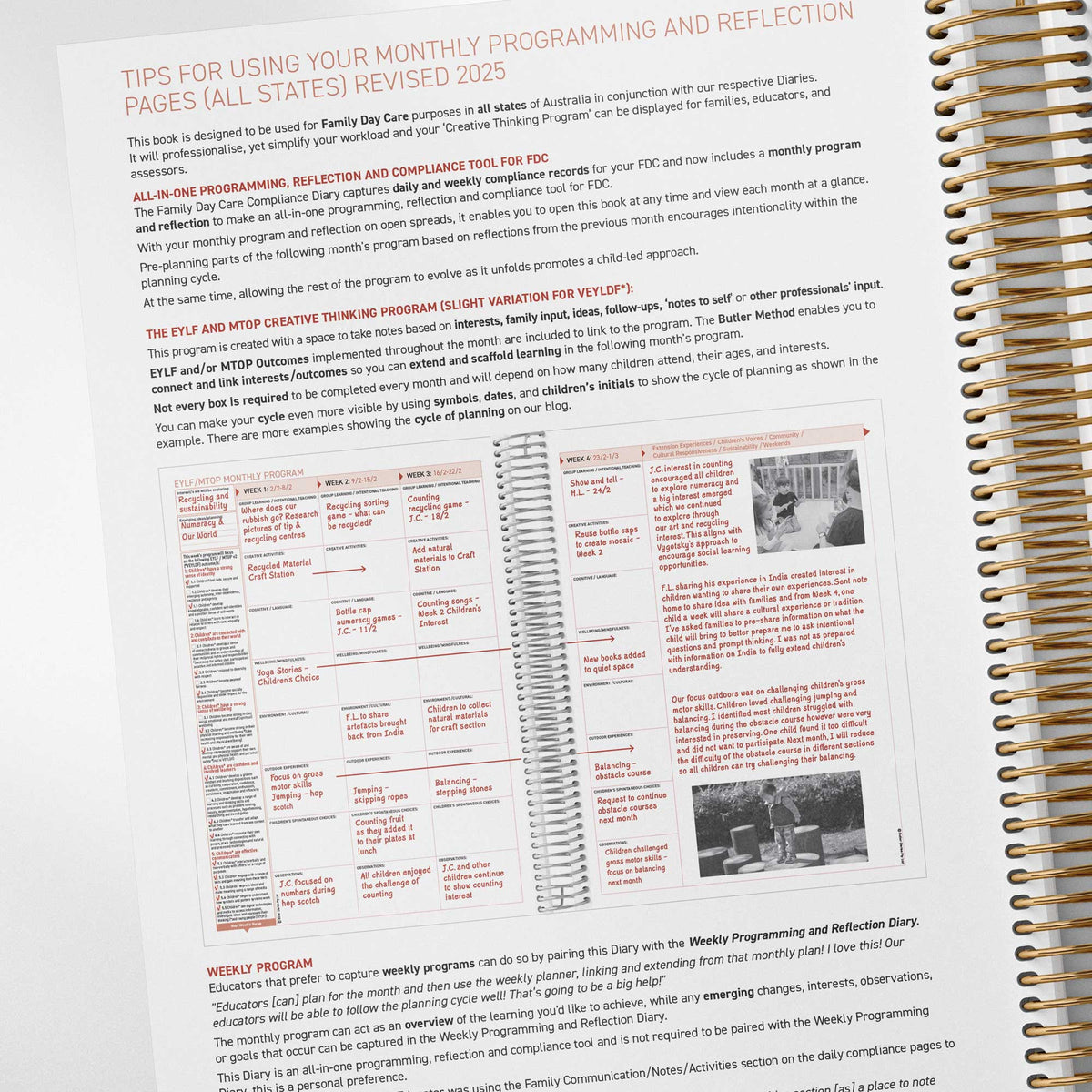 Tips for using the Monthly Programming and Reflection Spread inside the Family Day Care Combined Compliance Checklist and Programming Diary