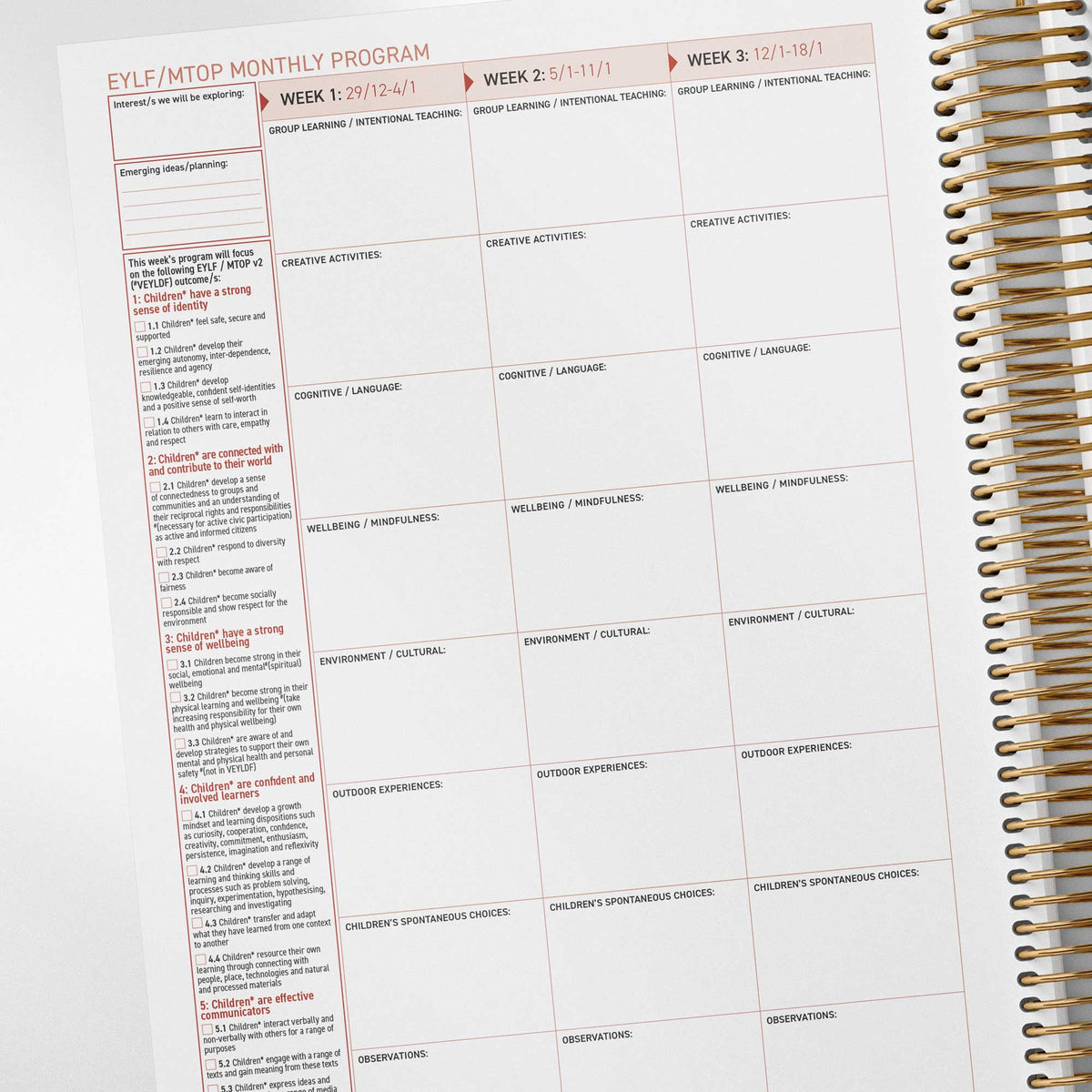 EYLF/MTOP programming spread with learning outcome checklist inside the Family Day Care Combined Compliance Checklist and Programming Diary