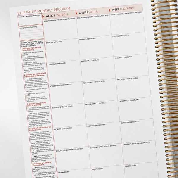 EYLF/MTOP programming spread with learning outcome checklist inside the Family Day Care Combined Compliance Checklist and Programming Diary