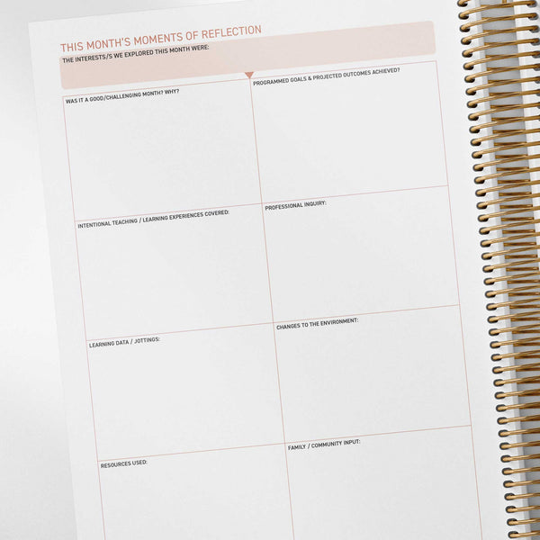 EYLF/MTOP reflection spread prompts inside the Family Day Care Combined Compliance Checklist and Programming Diary