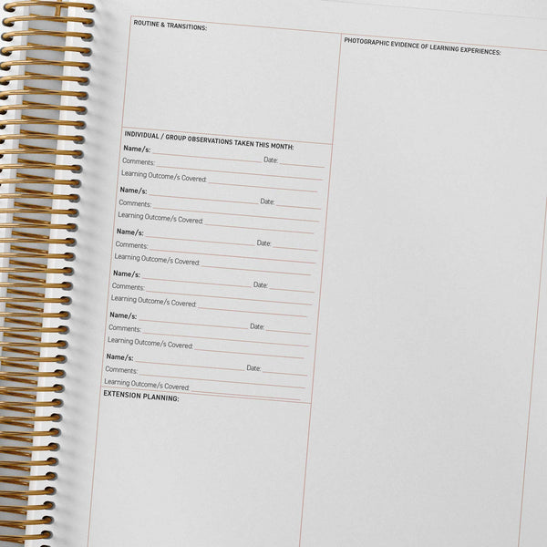 EYLF/MTOP reflection spread with photo evidence and extension planning inside the Family Day Care Combined Compliance Checklist and Programming Diary