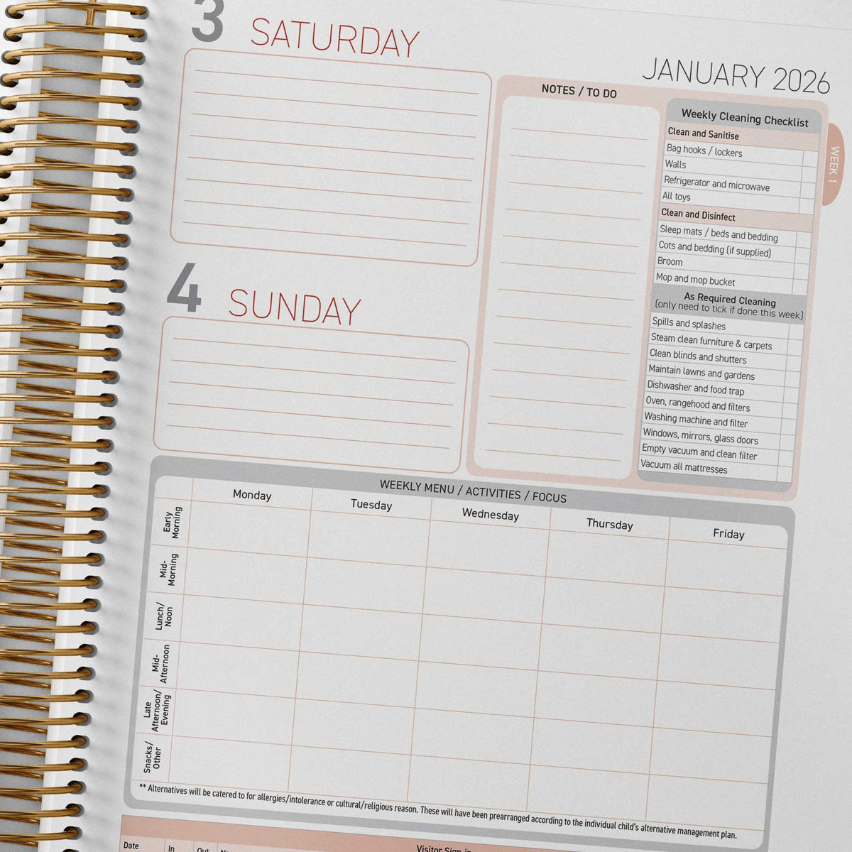 Weekend checklist, menu and visitor sign in page inside the Family Day Care Combined Compliance Checklist and Programming Diary
