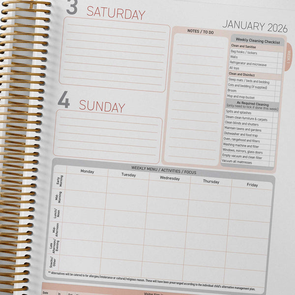 Weekend checklist, menu and visitor sign in page inside the Family Day Care Combined Compliance Checklist and Programming Diary