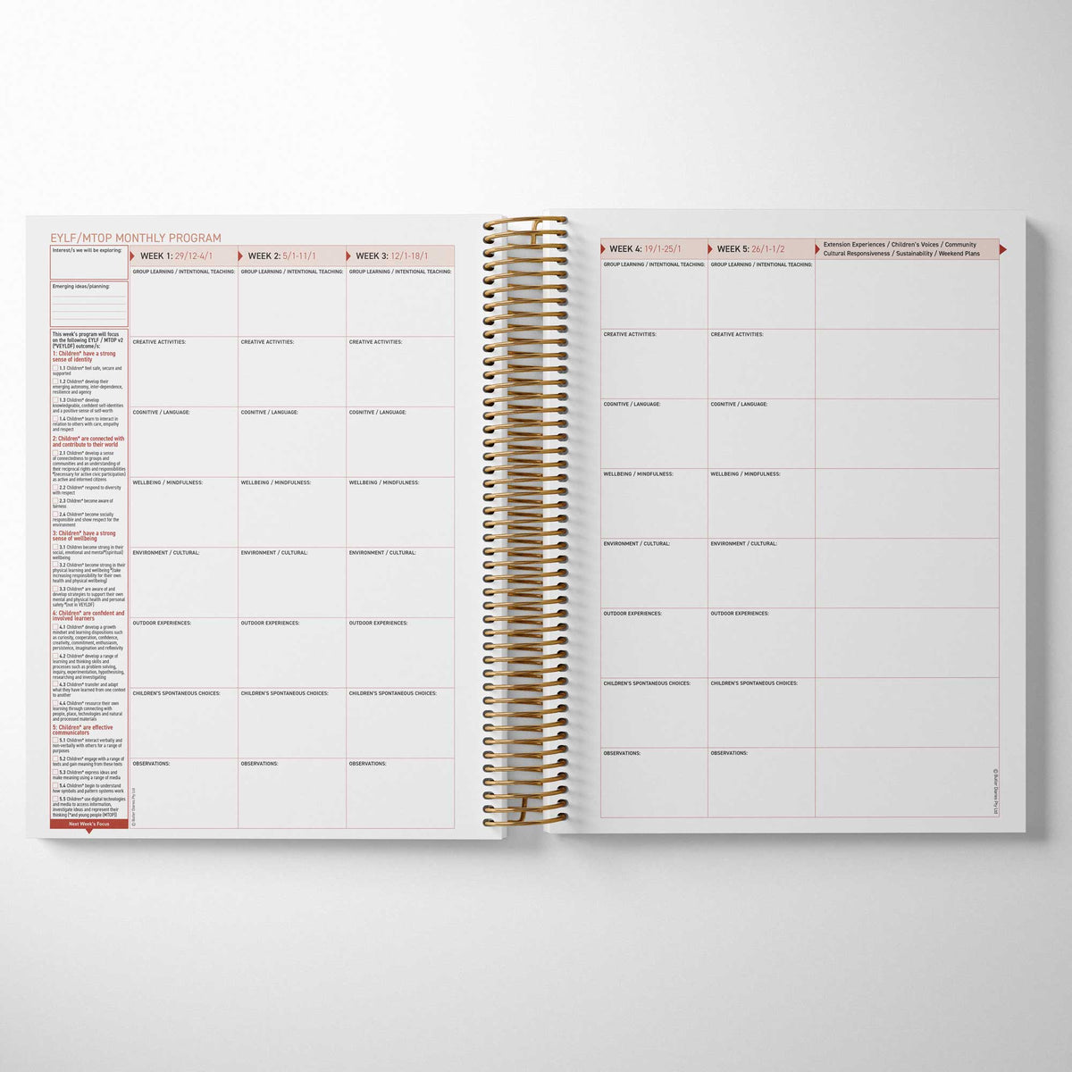 Inside the Family Day Care Compliance Checklist and Programming Diary - EYLF and MTOP Programming Spread
