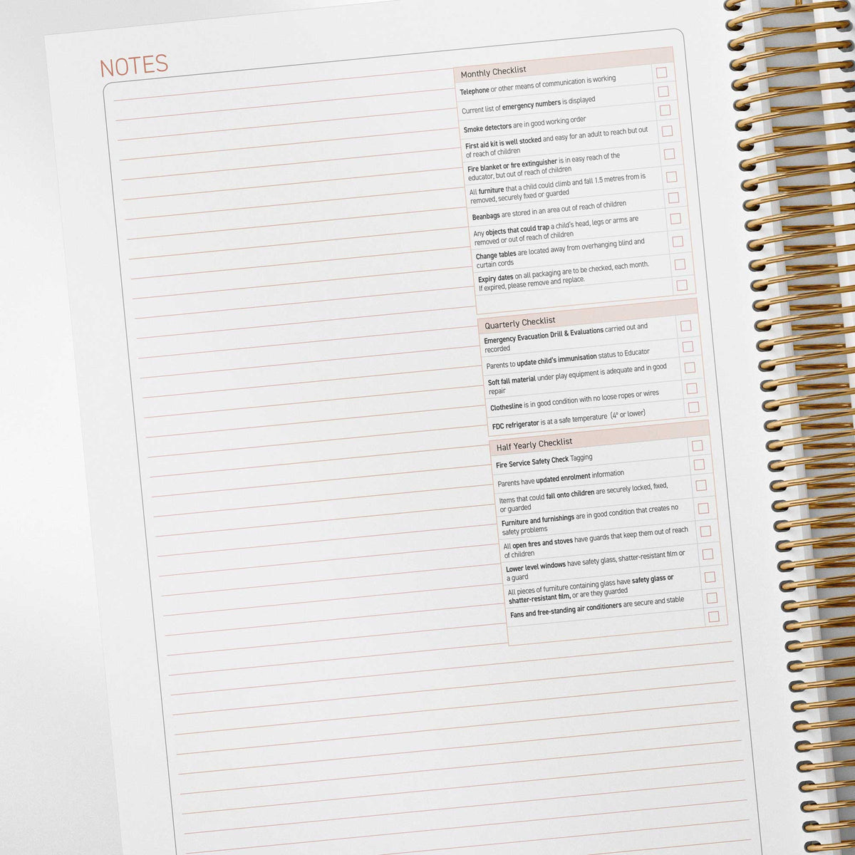 Monthly, quarterly, and yearly checklists are included inside the Family Day Care Compliance Checklist Diary