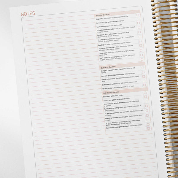 Monthly, quarterly and yearly checklists inside the Family Day Care Combined Compliance Checklist and Programming Diary