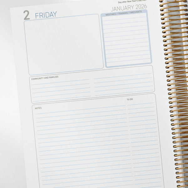 Day pages inside the Nominated Supervisor Diary include meetings/training, community and families, and notes and to do list