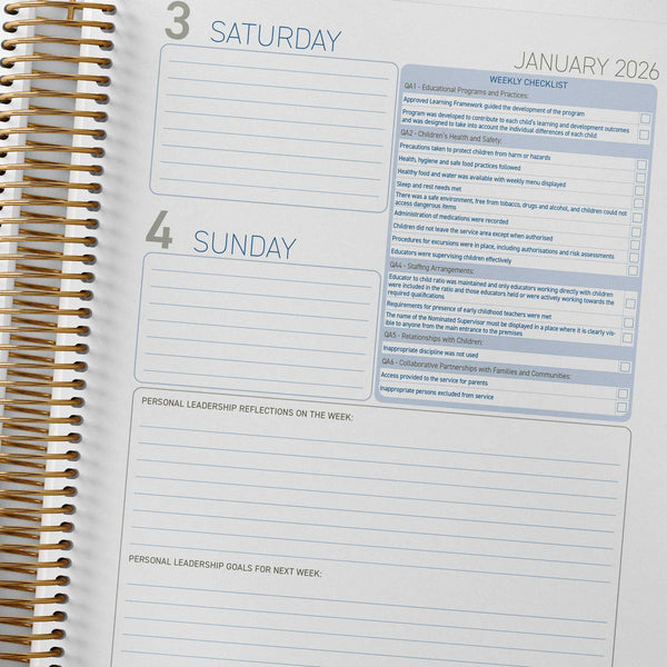 Weekend pages inside the Nominated Supervisor Diary include weekly checklist and personal reflections and goals